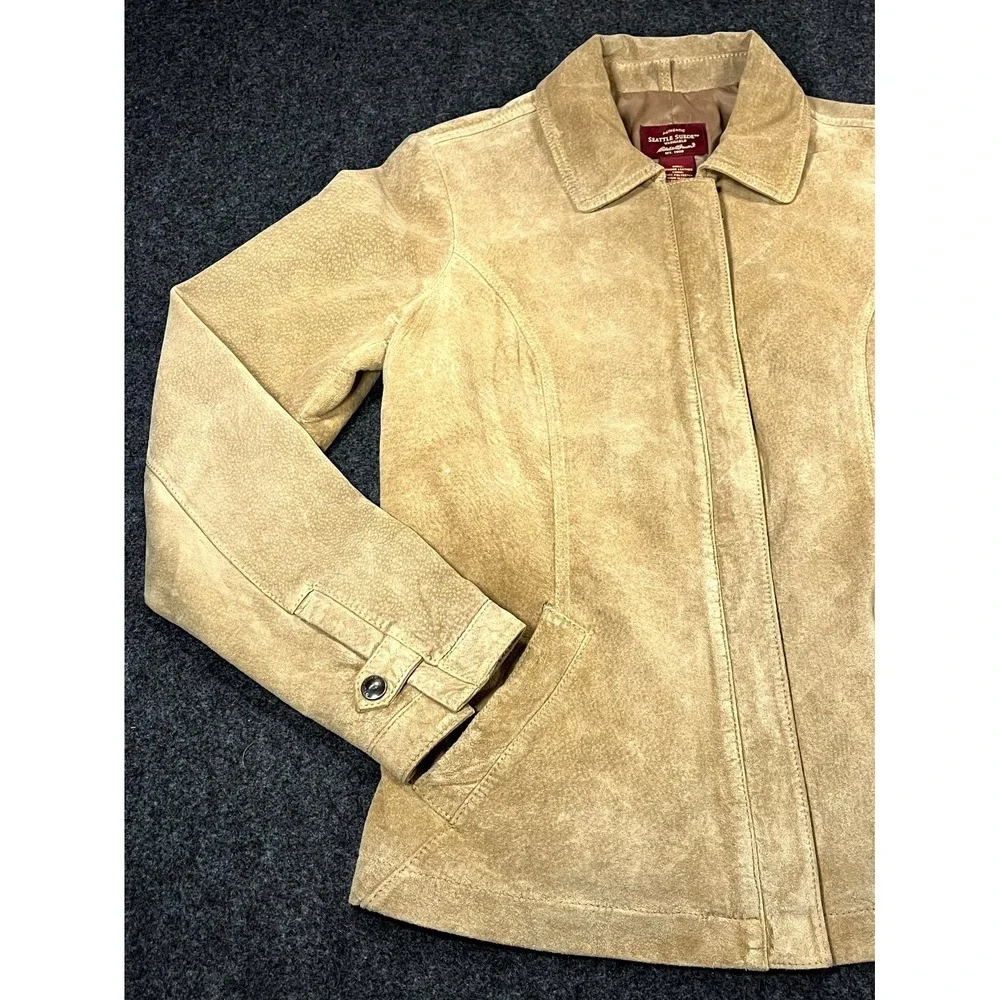 Eddie Bauer Seattle Suede Washable Leather Jacket Womens Small Tan Full Zip - Picture 3 of 13